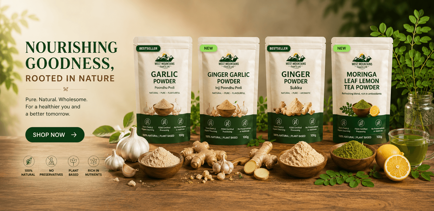 Nourishing Goodness, Rooted in Nature - Garlic, Ginger Garlic, Ginger & Moringa Leaf Lemon Tea Powders